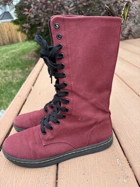 Dr. Martens Burgundy Lace-Up Canvas Knee-High Combat Boots, women’s size 6